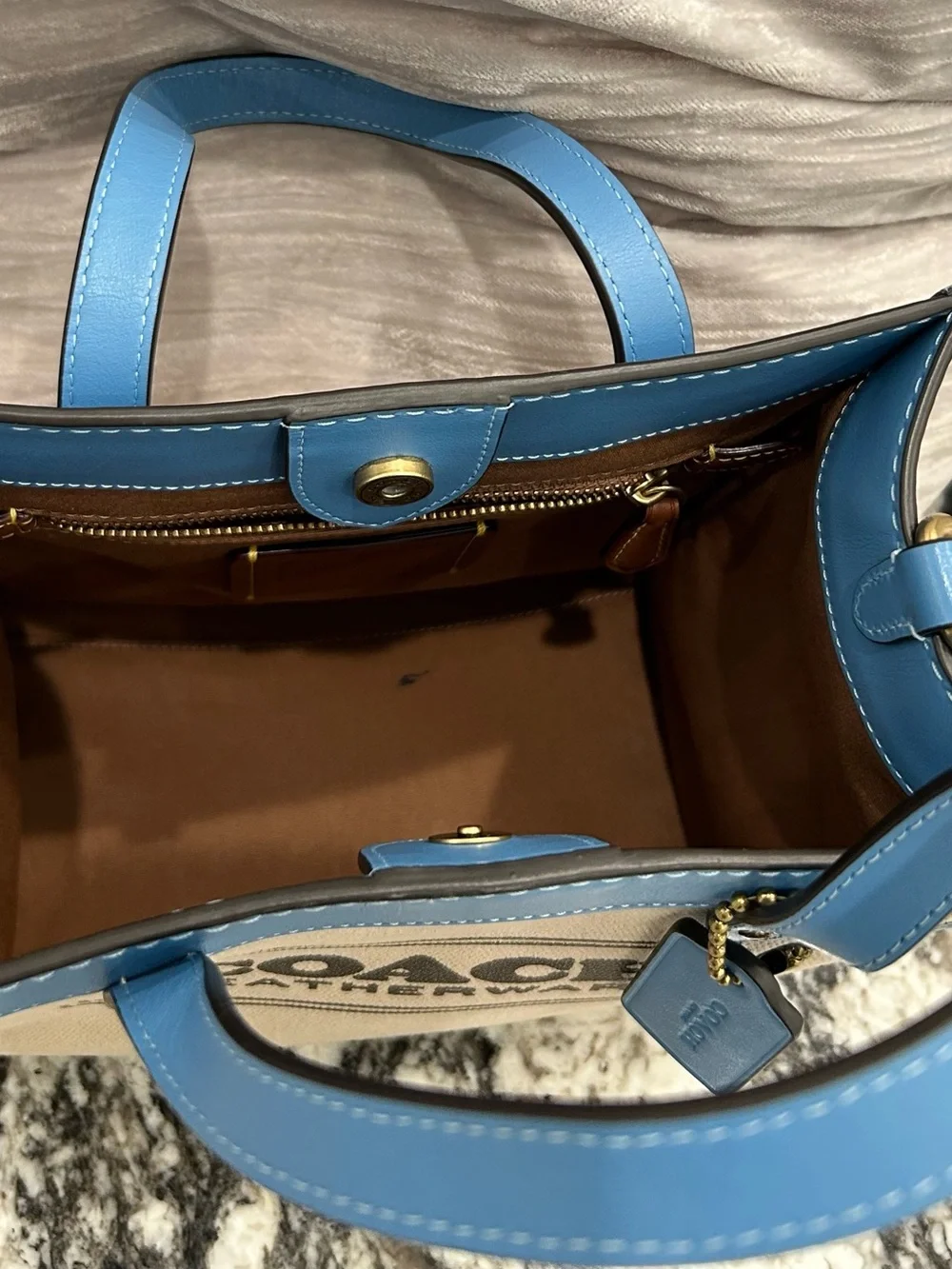 Coach Beige Canvas Tote with Sky Blue Leather Trim